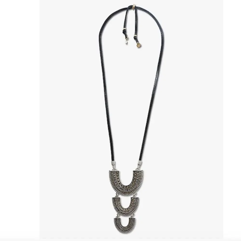 NWT Lucky Brand Pave Leather Arch Silver Boho Pendant Necklace